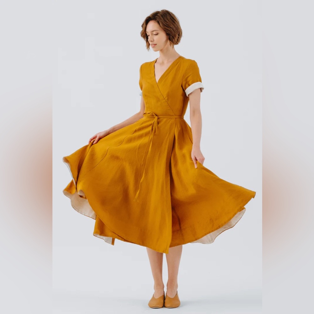 SOLD Son de Flor Marigold Wrap Linen Dress Size XS